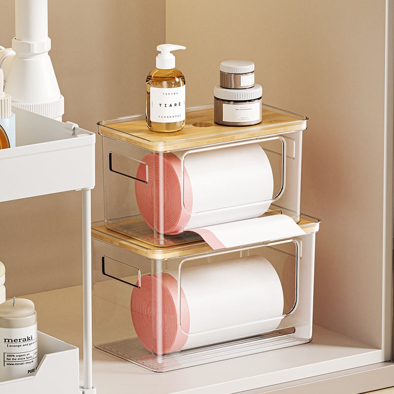 Transparent Garbage Bag Storage Box, Household Simple Large-Capacity Bamboo Lid Storage Box, Plastic Double-Handle, Direct From Manufacturer - Image 3